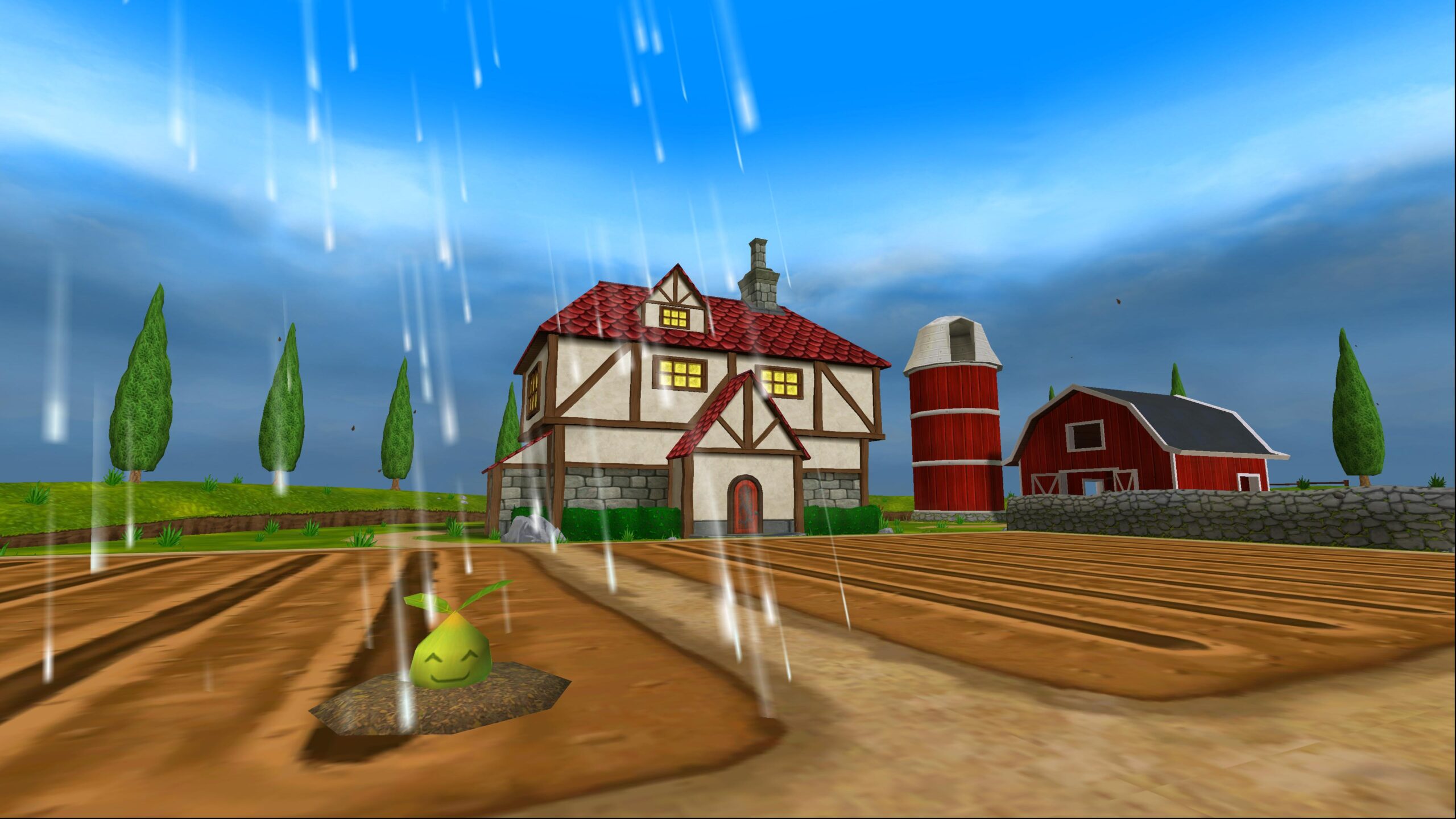 Rain over a seed with a huge barn in the background